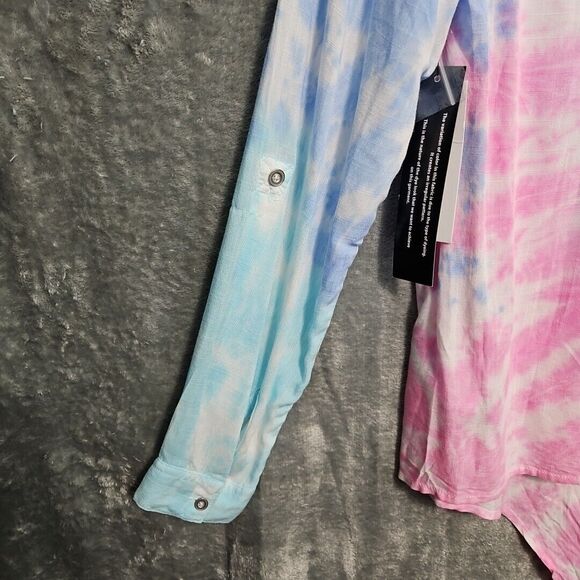 Tribal Jeans Women's P/S Long Sleeve Button Down Shirt tie dye blue pink blouse - Picture 8 of 11